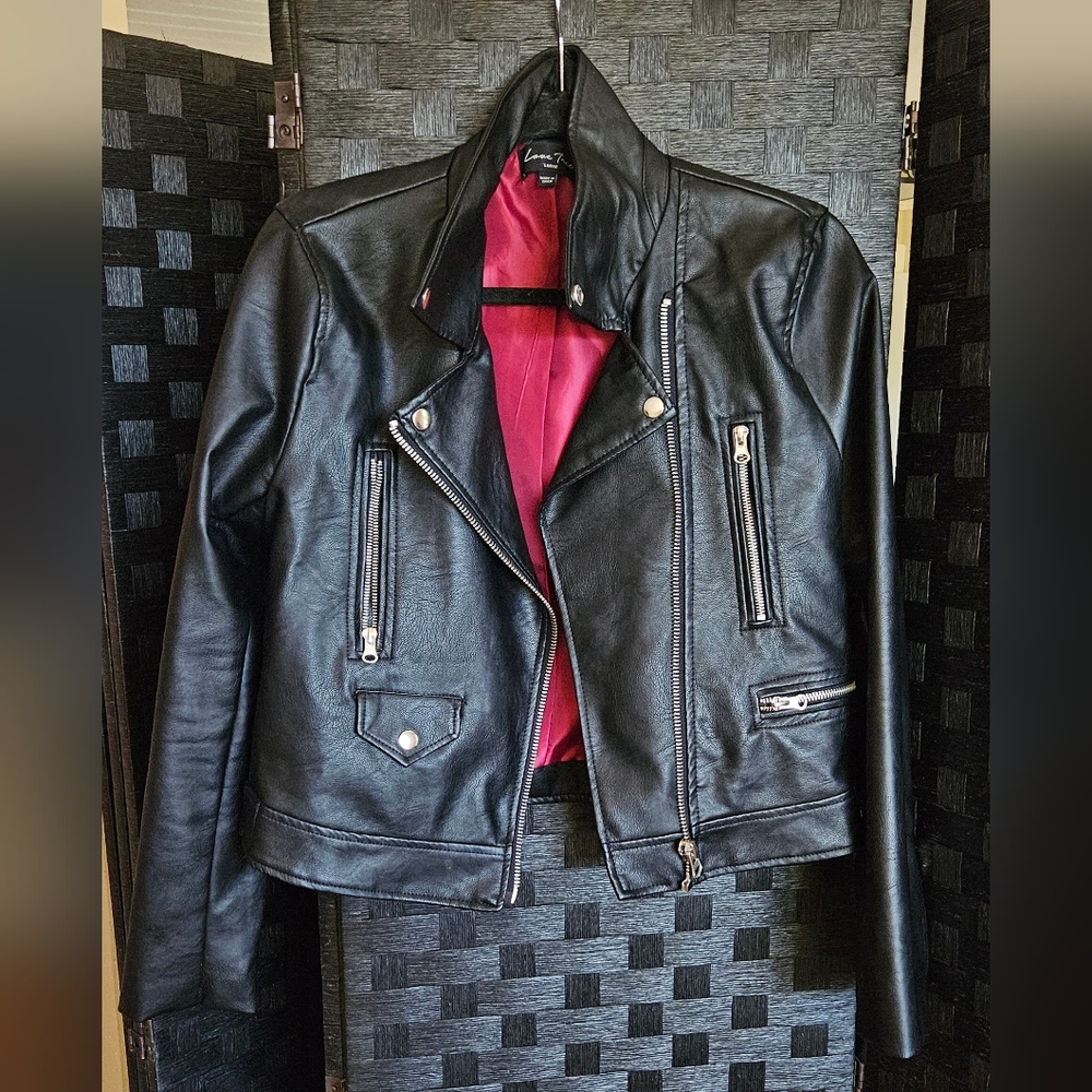 Faux leather jacket with magenta lining, size large.
